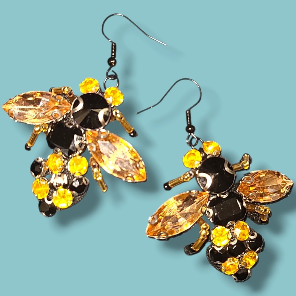 Rhinestone Bumblebee Felt Back Statement Dangle Earrings